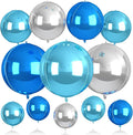 Blue and SIlver Round Balloons Foil, 12 Pcs Round Shaped Balloon Different Size 22" 18" 15" 10", Metallic Blue Silver Balloons for Xmas Prom Graduation Baby Shower Birthday Party Decorations
