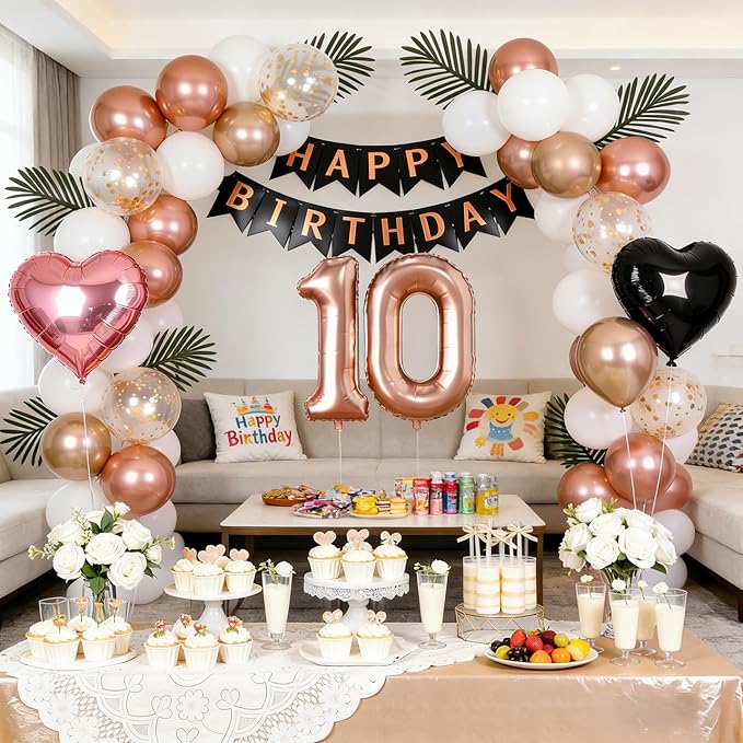 10th Birthday Decorations for Girls - Rose Gold, Black and Hot Pink Double Digits Party Supplies Set with Happy 10th Banner, Number 10 Balloons and Foil Fringe Curtains - 10 Year Old Celebration Kit