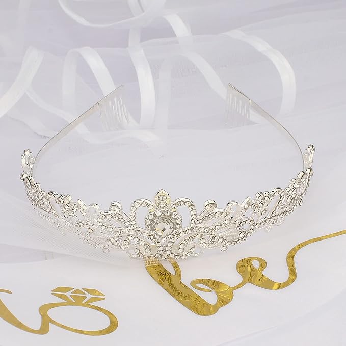 CIEHER 3 Pack Bachelorette Party Decorations - Crystal Crown, Bride To Be Sash & Wedding Veil for Bachelorette Party Favors Bridal Shower Gifts for Bride