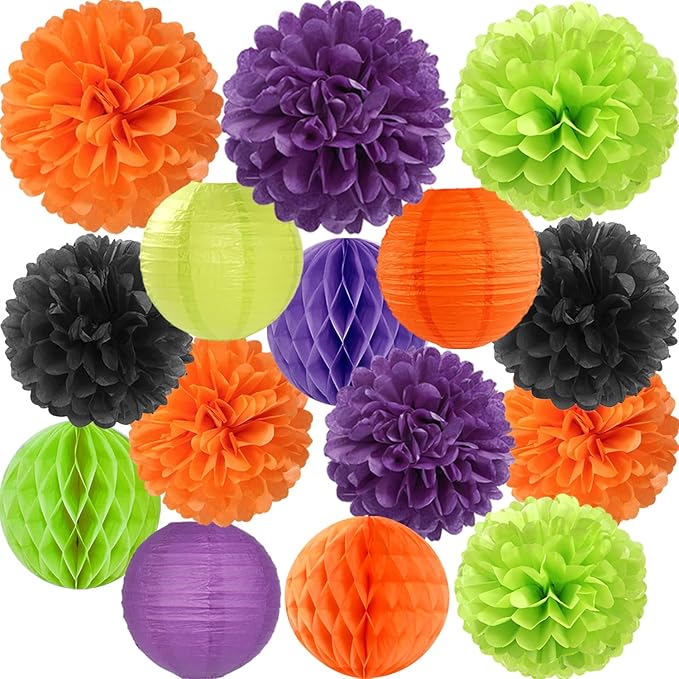 Orange Black Green Purple Paper Flowers Tissue Pom Poms Honeycomb Lanterns 15pcs Party Decorations Halloween Birthday Wedding Baby Bridal Shower Bachelorette Hanging Supplies Mprocherify