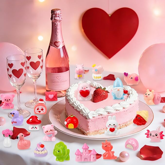 56Pcs Valentine's Day Miniature Figurines 56 Style Valentines Mini Small Resin Figurines with Love Heart Animals and Little Ducks for Valentines Party Gifts Dollhouse Fairy Garden Landscape Home Decor