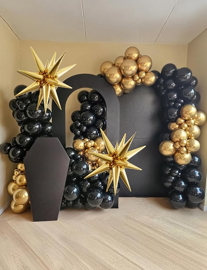 Black and Gold Balloons Arch Garland Kit, 110 Pcs Black Gold and Foil Starburst Balloon, Different Size Latex Balloons for New Year Party Birthday Retirement Anniversary Wedding Graduation Decor