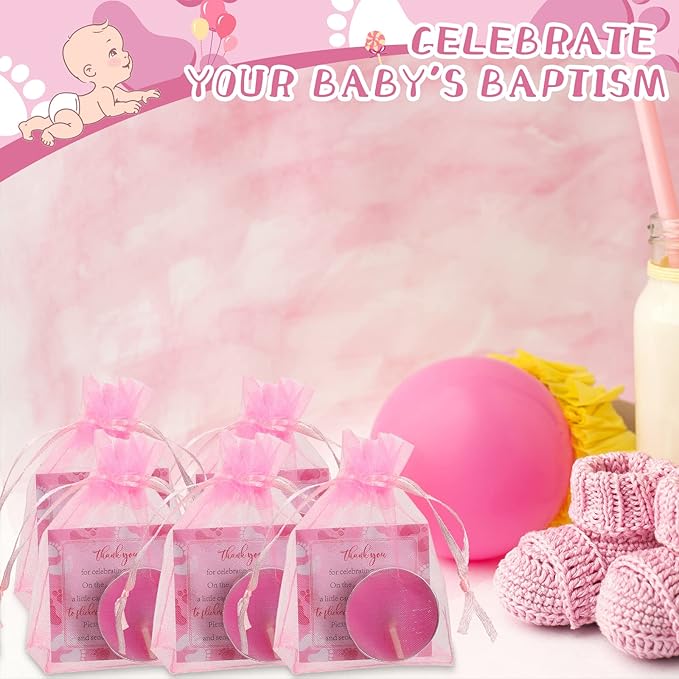 50 Sets Baby Shower Party Favors Including 50 Pcs Unscented Tealight Baby Shower Candles Gift Bags Cards for Gender Reveal Party Supplies(Pink)