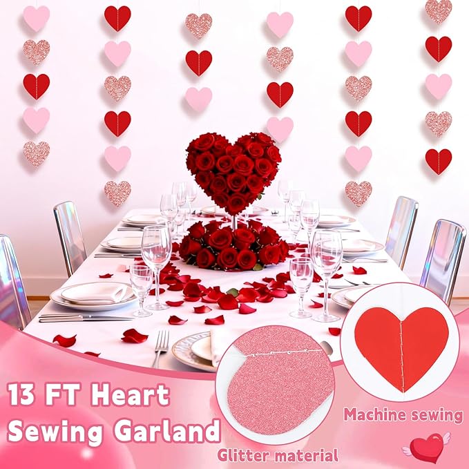 4PCS Pre-strung Valentine’s Day Banner, Valentine’s Day Decorations Include NO DIY Valentines Banner Heart XO Felt Sign Heart Garlands for Home Mantle Fireplace Wall Decor