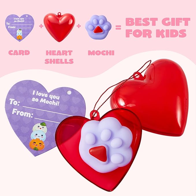 JOYIN 28 PCS Mochi Squishy Toys with Valentine Cards and Filled Hearts Party Favors for Kids Valentine Gifts Classroom Exchange, Kawaii Stress Relief Toy for Valentine’s Day Gift Exchange, Game Prizes