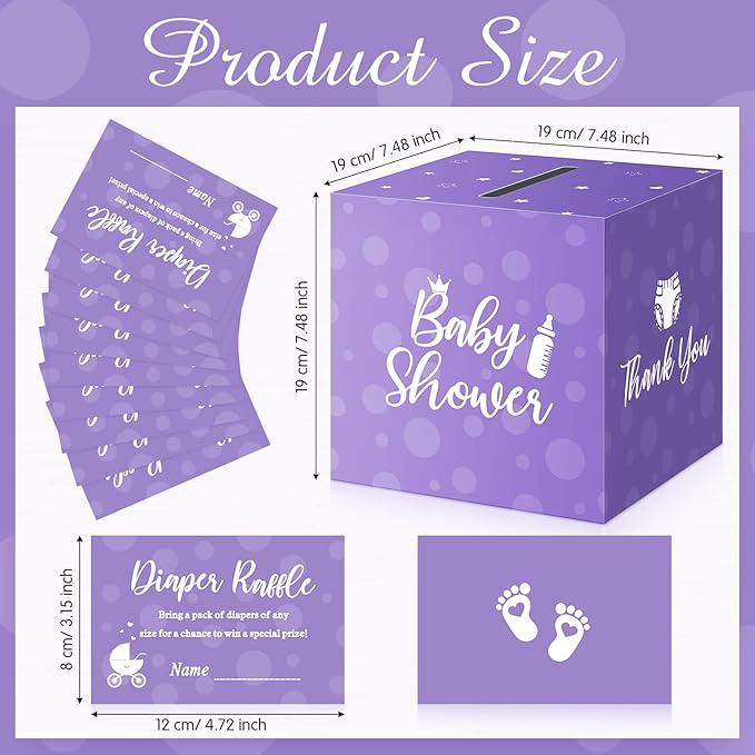 Funrous 51 Diaper Raffle Tickets with Box for Baby Shower Game Invitations Diaper Raffle Card for Gender Reveal Baby Shower Party Decoration Table Centerpiece(Purple Color)