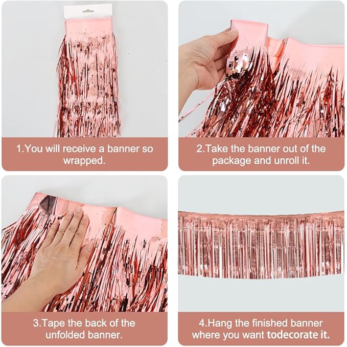 BEISHIDA 3 Packs 30 Feet Metallic Foil Fringe Garland Tinsel Streamers，Shiny Rose Gold Wall Hanging Tinsel Fringe Banners for Wedding Birthday Party Decoration Halloween Christmas New Year