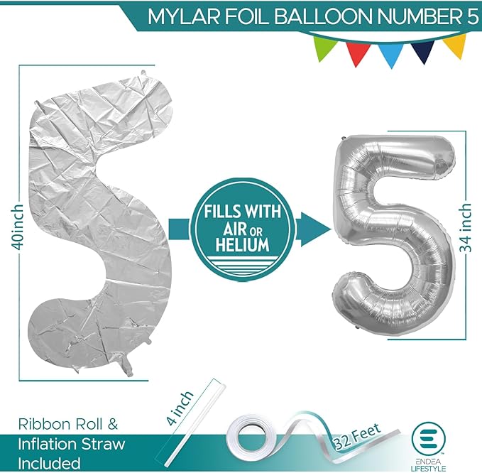 40 Inch Large Silver Number Celebration and Decoration Balloon for Birthday Parties, Graduations, Anniversaries, Weddings, Photo Shoots, Special Events - Helium Foil (Silver Number 5)