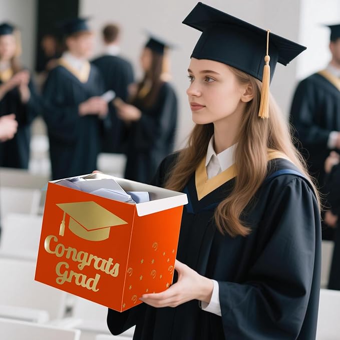 Graduation Card Box Holder, Congrats Grad Foldable Cardboard Decorations Box for Graduation Party Decoration and Grad Parties (Orange)