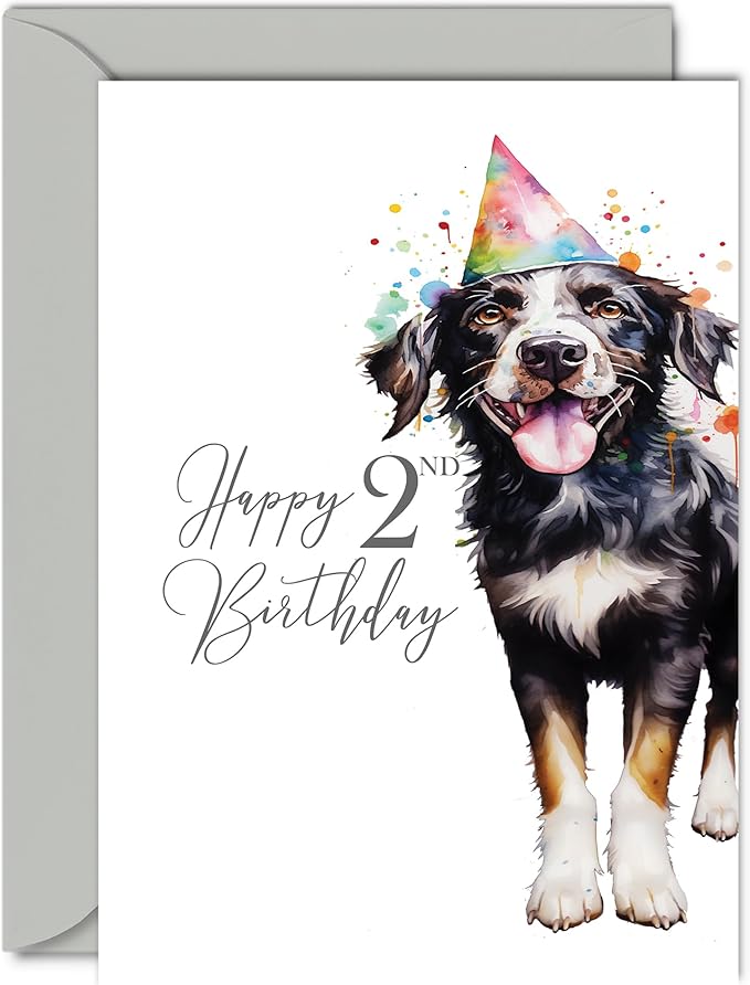2nd Birthday Cards for Girls Boys - Party Dog - Happy Birthday Card for 2 Year Old Girl Boy Granddaughter Grandson Daughter Son Niece Nephew, A5 Bday Greeting Cards