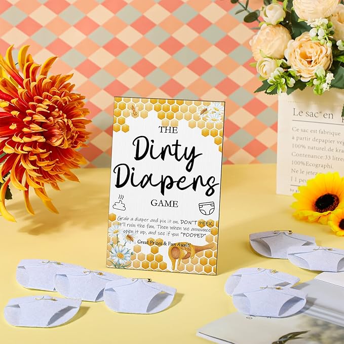 Roowest 51 Pcs Dirty Diaper Baby Shower Games Funny Wooden Sign with 50 Pcs Mini Diapers Cute Felt for Gender Reveal Party Baby Shower(Bee)