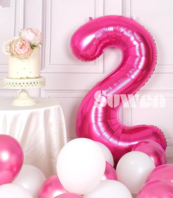 SUWEN 40 Inch Hot Pink Large 2 Number Balloons Big Foil Helium Number Balloons 0-9 Jumbo Happy 2nd Mylar Birthday Party Decorations for Girl Anniversary Party Supplies
