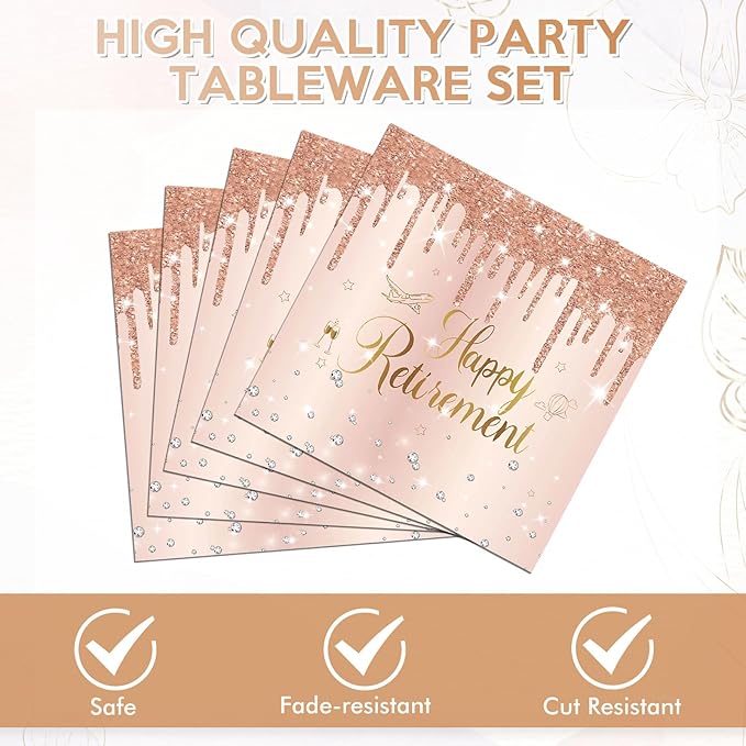 40PCS Retirement Decorations For Women Rose Gold Retirement Party Decorations Supplies Tableware Plates and Napkins for Women Going Away Party Disposable Dinnerware Kit,20 Guests