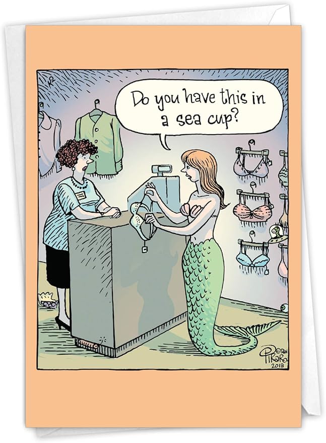NobleWorks - 1 Funny Cartoon Birthday Greeting Card - Women's Humor Happy Birthdays Wishes Card - Mermaid Bra C6951BDG
