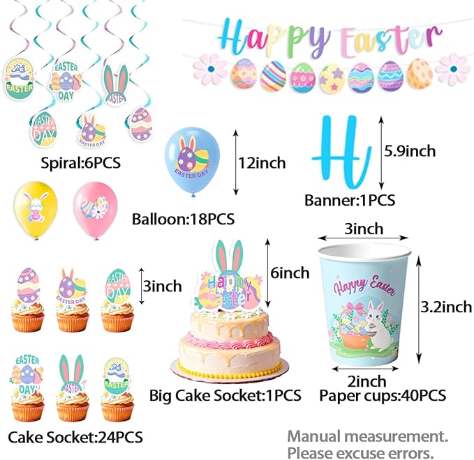 Easter Party Supplies Set, Easter Theme 331 Pieces with Plates, Napkins, Cups, Banner, Balloon, Tablecloth, Flag Swirls and Tableware for 40 Guest Pink and Blue Design for Party