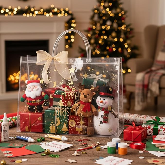 Henoyso 8 Pcs Christmas Clear Gift Bags Plastic Candy Treat Goodie Bags Red Foil Santa PVC Wrap Totes with Handles and Ribbon Xmas Party Favors (Christmas Tree,Bells,16x 6x 12 Inch)
