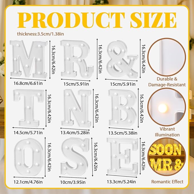 Honoson 14 Pcs Soon to Be Mr and Mrs Light Sign Wedding Party Decoration LED Neon Light up Sign Table Decoration for Wedding Engagement Bridal Shower Party