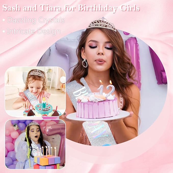 Chanaco Happy Birthday Crown and Sash Kit for Women and Girls - Rhinestone Tiara and Sashes with 'BIRTHDAY GIRL' Sash for Party Favors