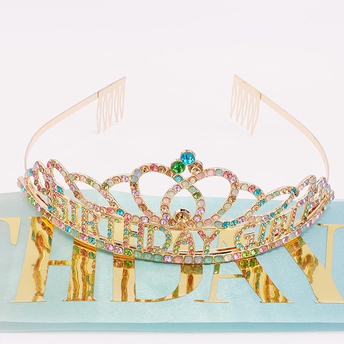 Chanaco Birthday Crown and Sash Set for Women, Gold, Hairband with 'Birthday Girl' Sash Rhinestone Tiara and Hair Accessories for Party Favors, Ideal Gift for Adults