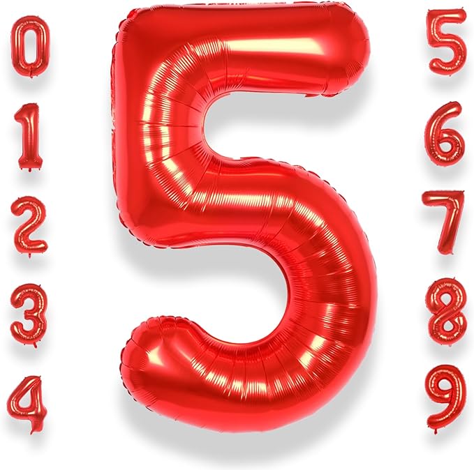 AULE 40 Inch Big Red 5 Balloon Number Large Foil Helium Number Balloons 0-9 Jumbo Giant Happy 5th Birthday Party Decorations for Boy or Girl Huge Mylar Anniversary Party Supplies