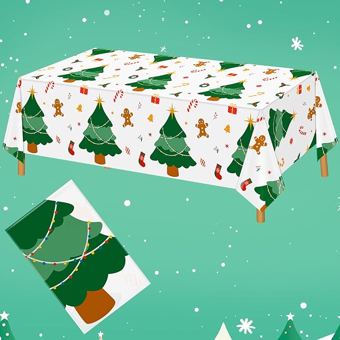 Hxezoc Disposable Plastic Christmas Tree Tablecloth, 54 x 108 Inches Christmas Party Table Cover for Xmas Winter Holiday New Year Home Dinner Decorations