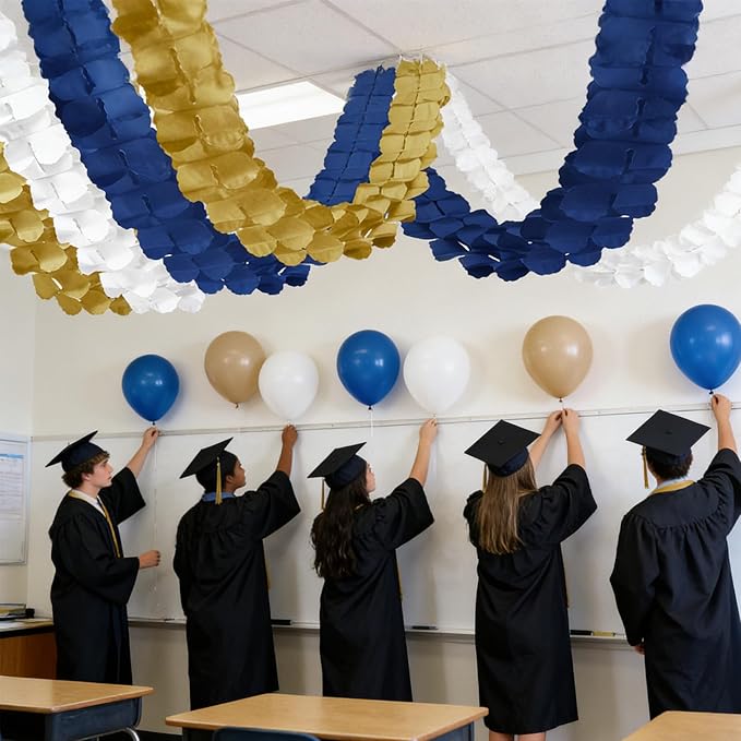 Blue Gold White Streamers Party Decorations - Navy Blue Gold Graduation Party Decorations 2026 Royal, 4-Leaf Clover Garland Paper Banners Backdrop Fathers Day Wedding Party Decor Supplies Garsellen