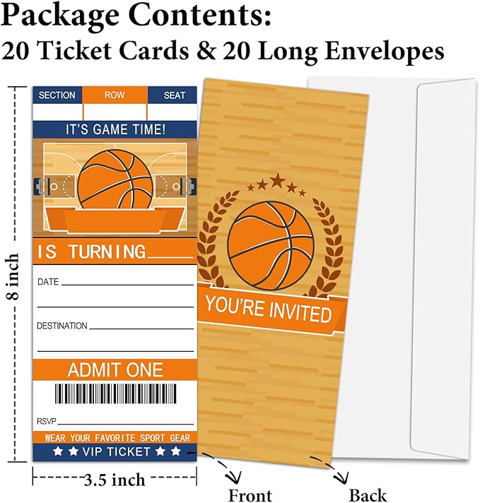Basketball Birthday Invitation Ticket, Sports Party Celebration Invite for Boys Girls, 20 Basketball Ticket With Envelopes, 3.5 x 8" Double-Sided Fill In Birthday Party Personalized Invites Cards