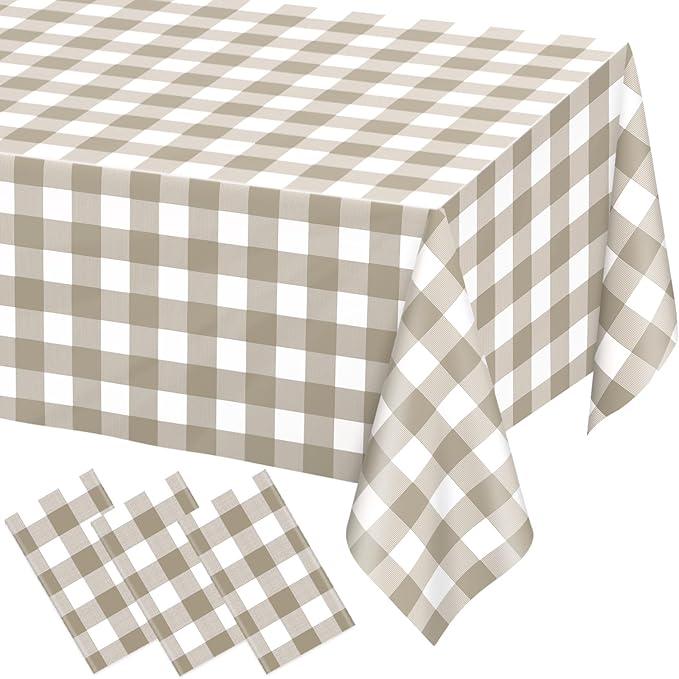 WNINK 3 Pack Brown Checkered Rectangular Plastic Tablecloths, Brown and White Gingham Waterproof Disposable Table Covers 54" x 108" for Birthday, Baby Shower, Wedding, Outdoor Picnic Parties
