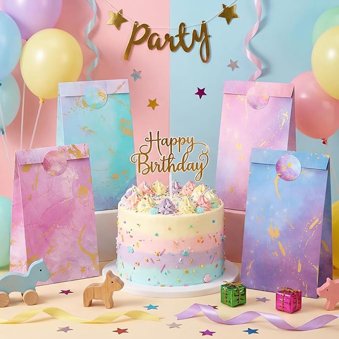 woric 36PCS Tie Dye Party Favor Bags with Stickers, Gradient Pink and Purple Small Gift Bags Self Stand Gold Foil Goodie Bag for Kids, Girls Birthday, Baby Shower, Wedding Party Favor Supplies