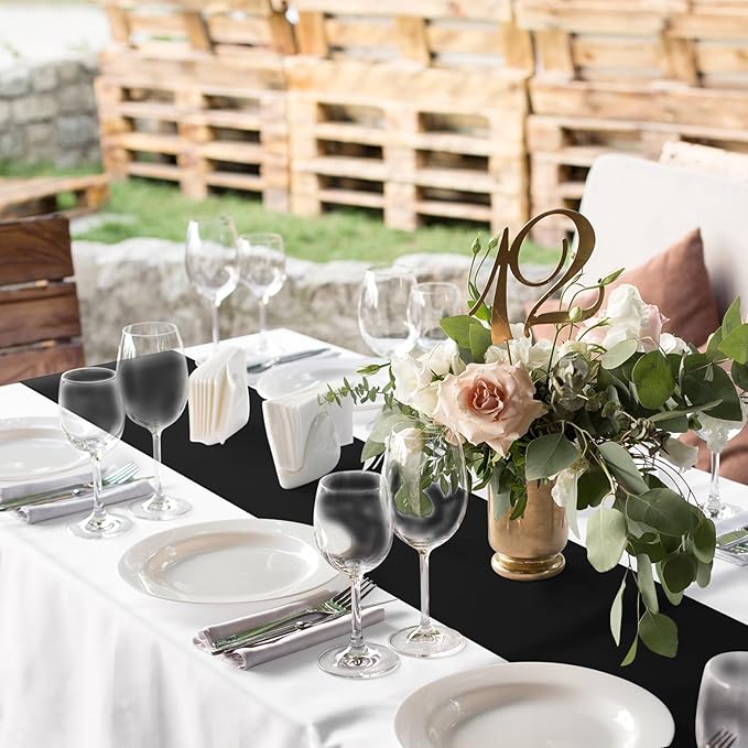 12Pack 12x108 Inch Satin Table Runner and 54x108Inch Plastic Tablecloths White and Black Disposable Rectangle Table Cover for Graduation Wedding Bridal Shower Anniversary Birthday Party Decorations