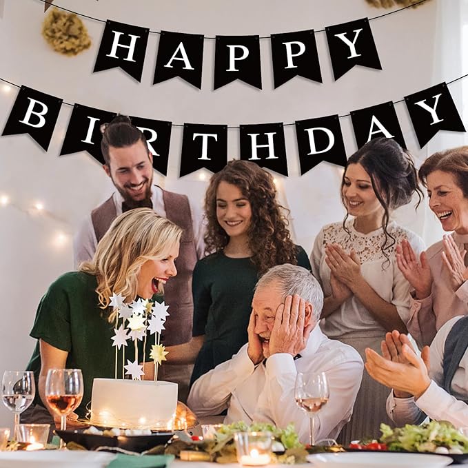 Hooqict Black Happy Birthday Banner Sign for Backdrop Black Birthday Decorations for Men Women Party Supplies Wall Door Banner Garland Bunting Flag