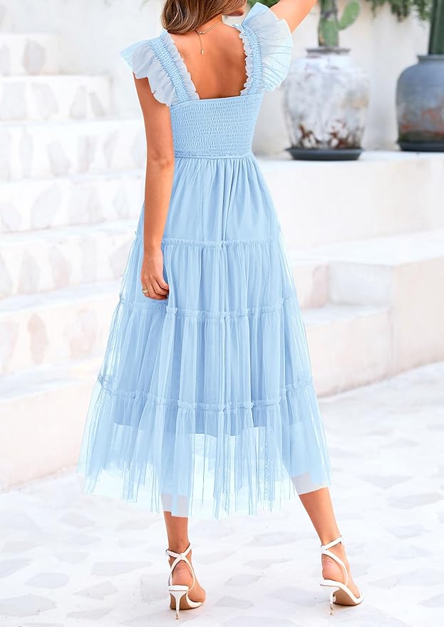 PRETTYGARDEN Women's Summer Tulle Midi Dress Sleeveless Smocked Ruffle Flowy Mesh Dresses Party Wedding Guest Sundress