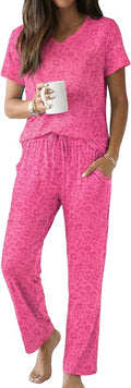 Ekouaer 2 Piece Womens Pajamas V Neck Short Sleeve Top and Long Pants Pjs Print Lounge Set Sleepwear