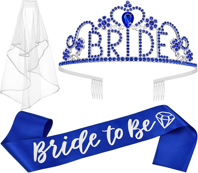 JETKONG 3 Pcs Bachelorette Party Decorations BRIDE Crown, Bride to Be Sash&Veil for Women Bachelorette Party Gifts, Bridal Shower Supplies, Gifts, Favors (Dark Blue)