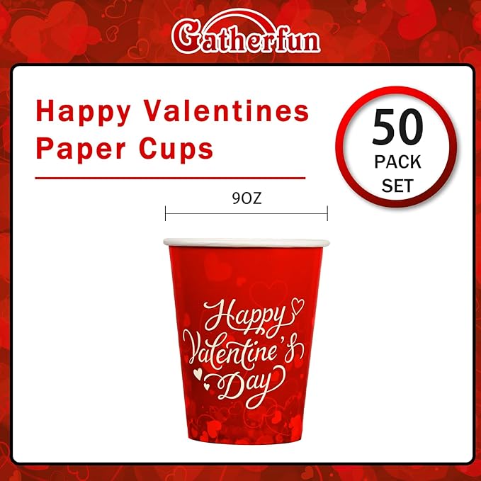 Gatherfun 50-Pack Valentine's Party Supplies - Romantic Heart-Themed 9 oz Disposable Paper Cups for Lovely Valentine's & Galentine's Day Decorations Set
