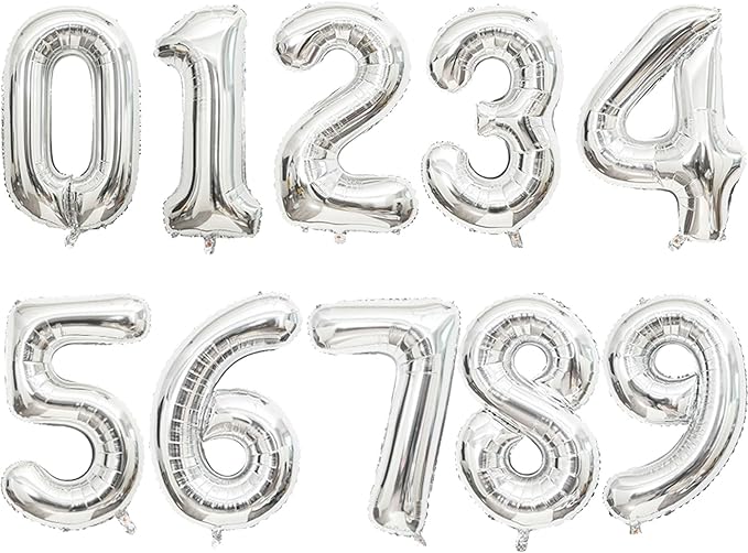 2 Set 20 Pcs Number Balloons 16 Inch Silver 0-9 Number Mylar Foil Balloons Silver Custom Digital Balloons for Birthday Party Engagement Graduations Anniversary Baby Shower Decor Party Supplies