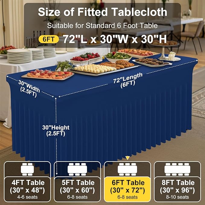 Smiry Spandex Tablecloth 2 Pack, Elastic Fitted Stretch Tablecloth for 6FT Rectangle Tables, Waterproof Washable Table Cover Skirt for Outdoor, Wedding, Banquet & Parties (Navy, 72Lx30Wx30H Inch)