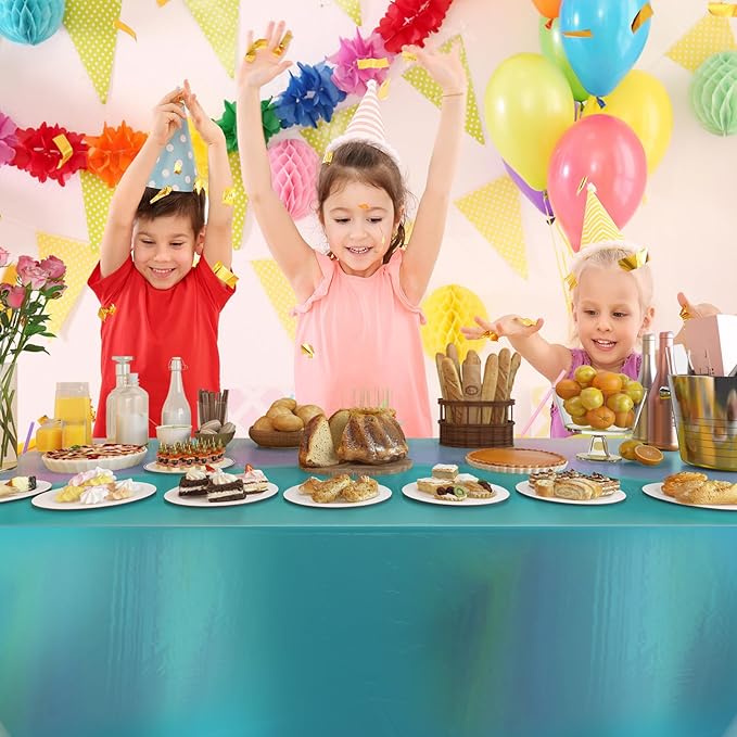 4 Pack Iridescent Plastic Tablecloths Disposable Table Cover Sparkly Foil Table Cloth for Rectangle Tables Party Decorations Birthday Princess Bridal Wedding Christmas Blue, 54 x 108 Inch