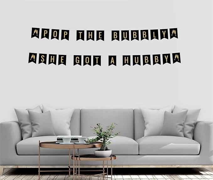 Andaz Press Faux Gold Glitter on Black Alcohol Party Banner Decorations, Pop The Bubbly She Got a Hubby, Champagne, Approx 5-Feet, 1-Set, Wedding Bridal Shower Bachelorette Hanging Pennant Decor
