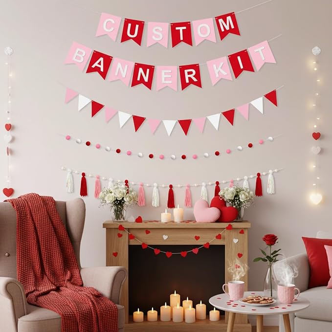 139 Pcs Felt DIY Custom Banner Kit Include 104 Letters 18 Swallowtail Flags 15 Pennants 2 Pcs Pom Pom Garland Tassel Pompom Decoration for Home Baby Shower Birthday(Valentine's Pink)