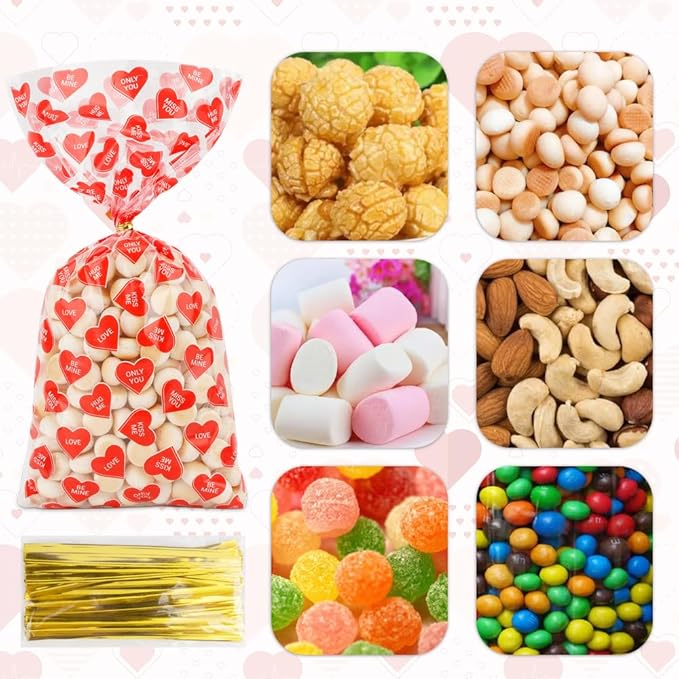 Valentines Treat Bags, 100 PCS Valentines Goodie Bags, Valentines Day Plastic Goodie Candy Goody Cookie Favor Ziplock Cellophane Treat Bags for Classroom Party Small Mini Valentines Gift Bags Bulk
