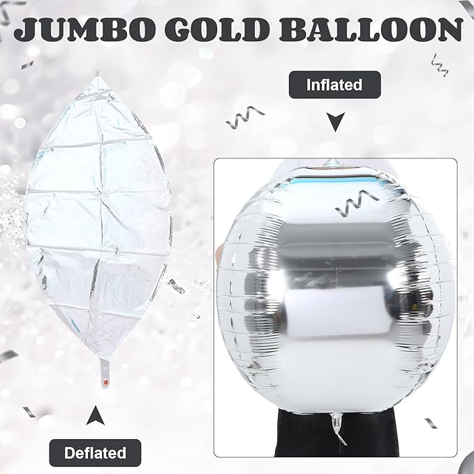 3 Pcs 32 Inch Metallic Silver Foil Giant Balloons 4d Jumbo Round Ball Large Holographic Balloons for Birthday Wedding Bridal Shower Anniversary Party Backdrop Decorations