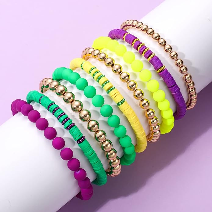 Surfer Heishi Bracelets for Women Stackable Rainbow Vinyl Disc Clay Beaded Stretch Bracelets Elastic Layering Friendship Bracelets Boho Summer Beach Jewelry