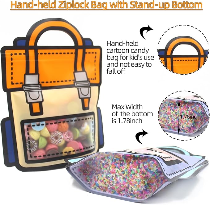 30 Pack Cartoon Backpack Goodie Bags with Handle Small Plastic Ziplock Seal Bags Smell Proof Resealable Packaging Storage Candy Bag Party Favor Birthday Gift Bags(Orange)