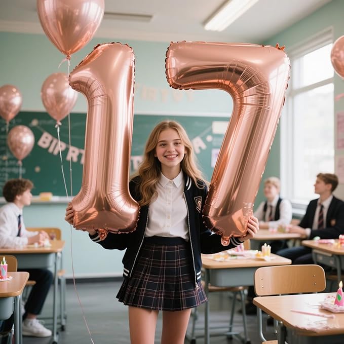 40 Inch Rose Gold Balloon Number 17 Balloon,Jumbo Mylar Foil Helium Balloon for 17 Digital Balloons for Birthday Party,Wedding Anniversary Party Decorations