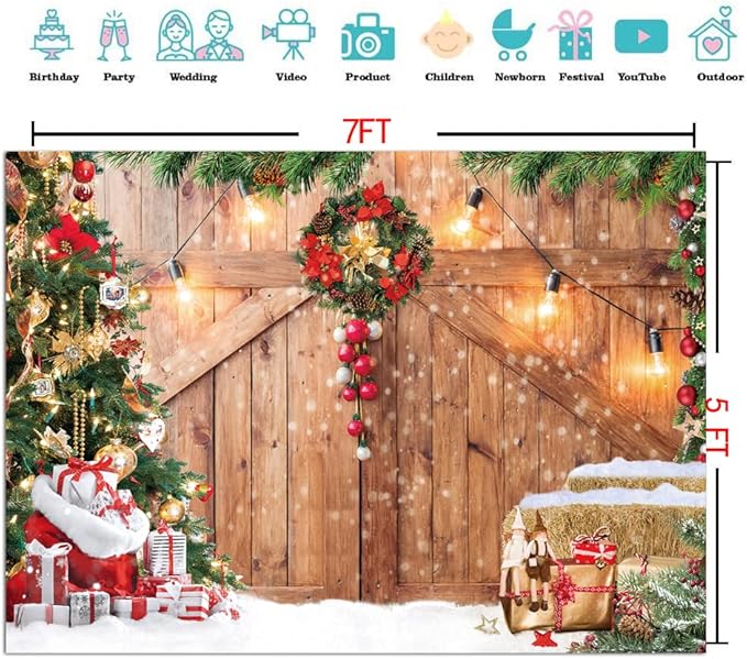 CYLYH 7x5FT Christmas Barn Wood Door Photography Backdrop Xmas Tree Snow Gift Wall Floor Party Photo Background for Holiday New Year Party Banner Family Holiday Party Supplies D554