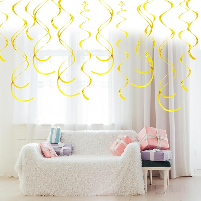 Gold Ceiling Swirl Foil Decorations Hanging Plastic Streamer Themed Swirl Party Decoration for Wedding Thanksgiving Day Graduation Celebration, Pack of 28