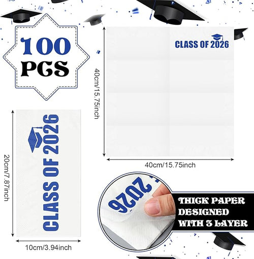 100 Set Graduation Class of 2026 Guest Blue Napkins Black Rolled Silverware Disposable Grad Award Dinner Napkin with Ribbon and Scissors for Celebration