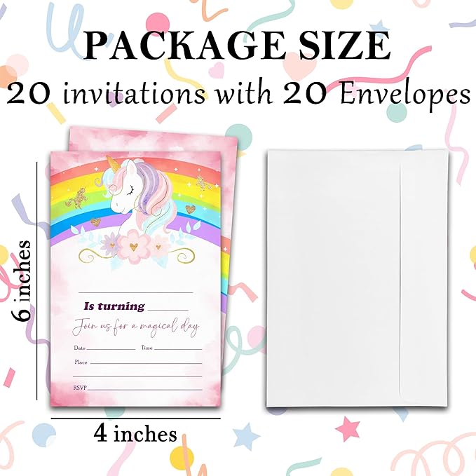 Rainbow Magical Unicorn Birthday Party Invitations - 20-Pack of 4''x6'' Invite Cards with Envelopes, Double-Sided Fill In Birthday Party Celebrate Supplies & Decoration For Girls - A07