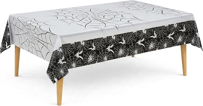 Party Dimensions Halloween Tablecloths, 54" x 96", 12 Pack, Spider Web Black & White Disposable Waterproof Plastic Rectangle Table Cover for Halloween Party Decorations & Haunted House Decor